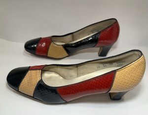 Vintage 60's Gaymode Patchwork Leather Pumps Round Toe Low Heel 10 Narrow MadMen